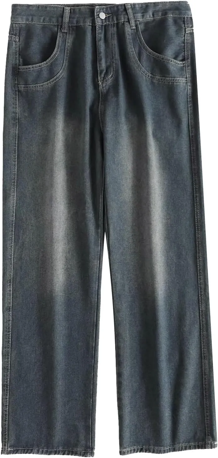 Stretch Jeans Men Extreme Motion Jeans Y2K Street Retro Hip-hop Flame Splicing Wide Leg Jeans Gothic Loose Jeans