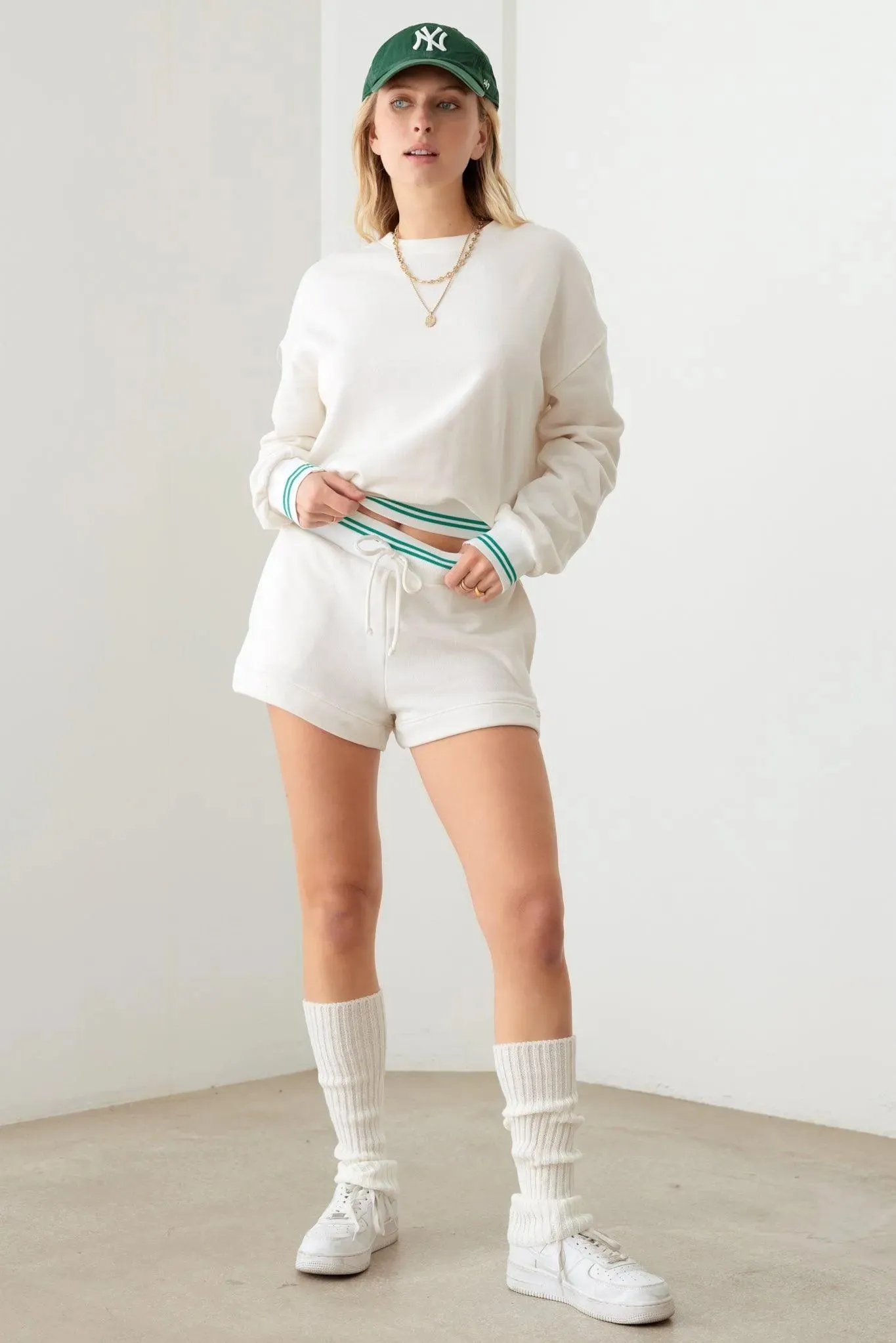 Stripe detail Long Sleeve Top & Front Tie Short Set
