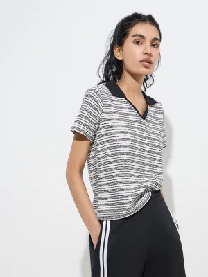 Studiofit Black Stripe Printed Cotton-Blend Polo T-Shirt
