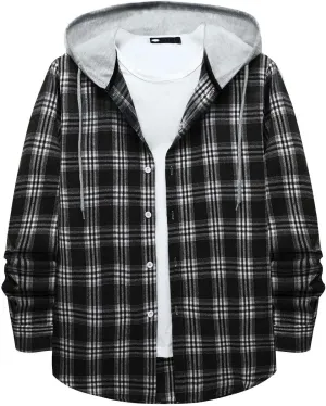 Stylish Tops for Men Plaid Color Cotton and Linen Button Down Long Sleeve Hooded Cardigan Blouse Skin-Friendly Shirts Dress Shirt Men's Tank Tops Black T Shirt for Men