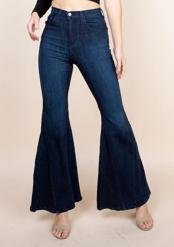 To The Max High Waisted Wide Mermaid Flare Denim Jeans Dark Wash