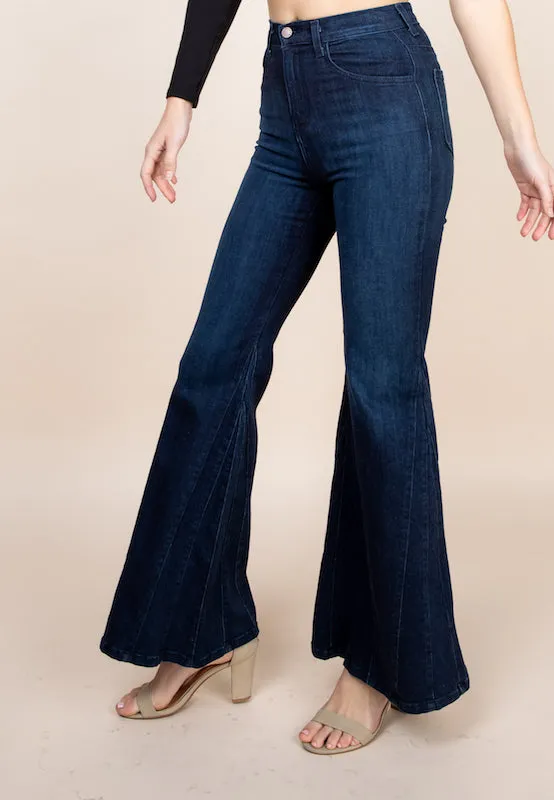 To The Max High Waisted Wide Mermaid Flare Denim Jeans Dark Wash