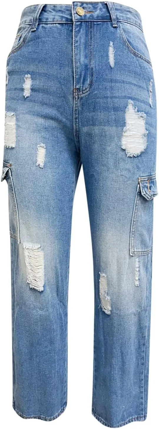 tuduoms Women's Ripped Boyfriend Jeans Cute Distressed Jeans Slim Fit Tapered Leg Jean Jeans Stretch Skinny Jeans with Hole
