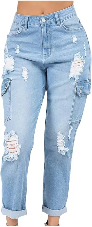 tuduoms Women's Ripped Boyfriend Jeans Cute Distressed Jeans Slim Fit Tapered Leg Jean Jeans Stretch Skinny Jeans with Hole