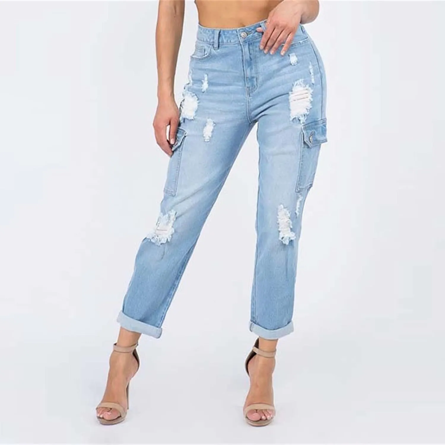tuduoms Women's Ripped Boyfriend Jeans Cute Distressed Jeans Slim Fit Tapered Leg Jean Jeans Stretch Skinny Jeans with Hole