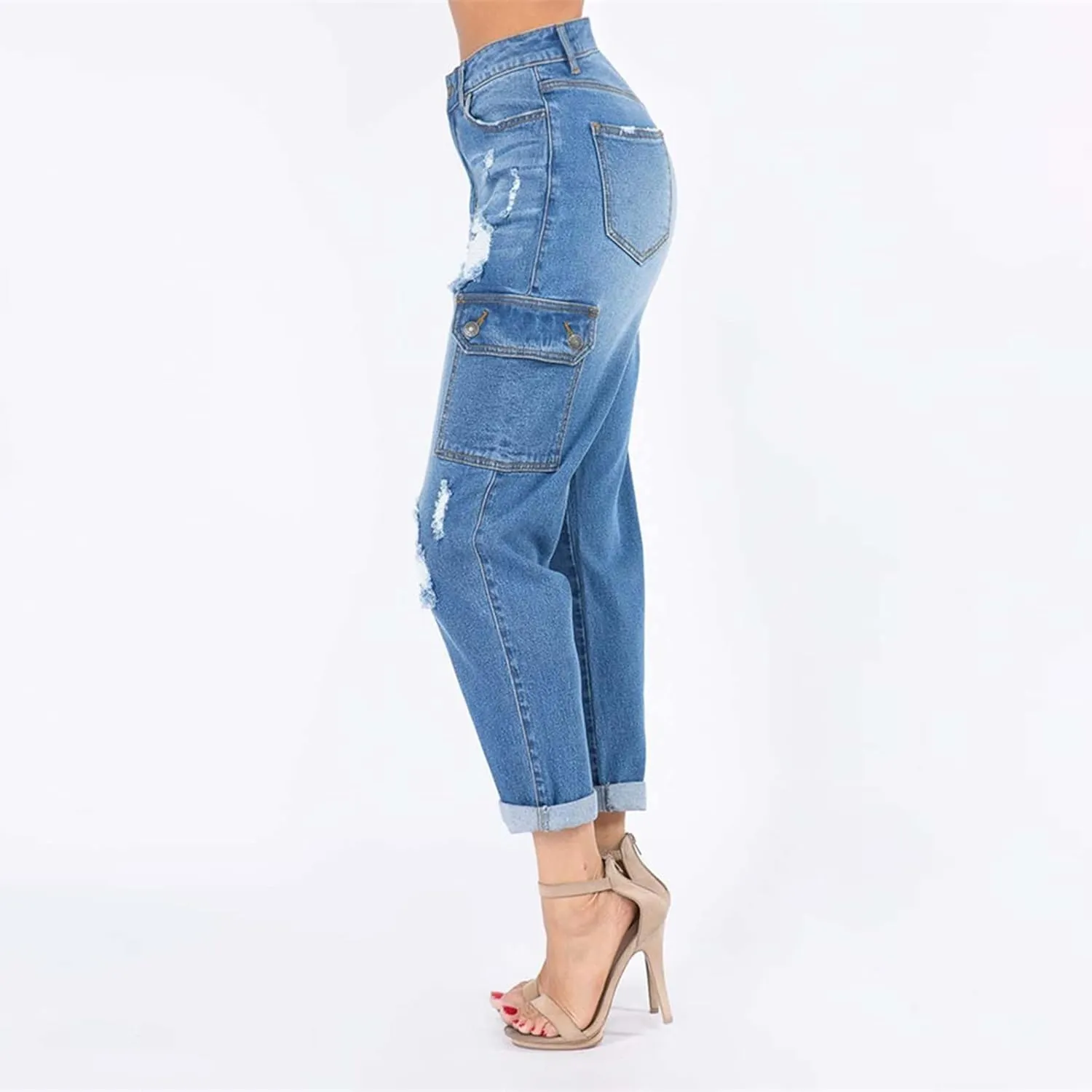 tuduoms Women's Ripped Boyfriend Jeans Cute Distressed Jeans Slim Fit Tapered Leg Jean Jeans Stretch Skinny Jeans with Hole