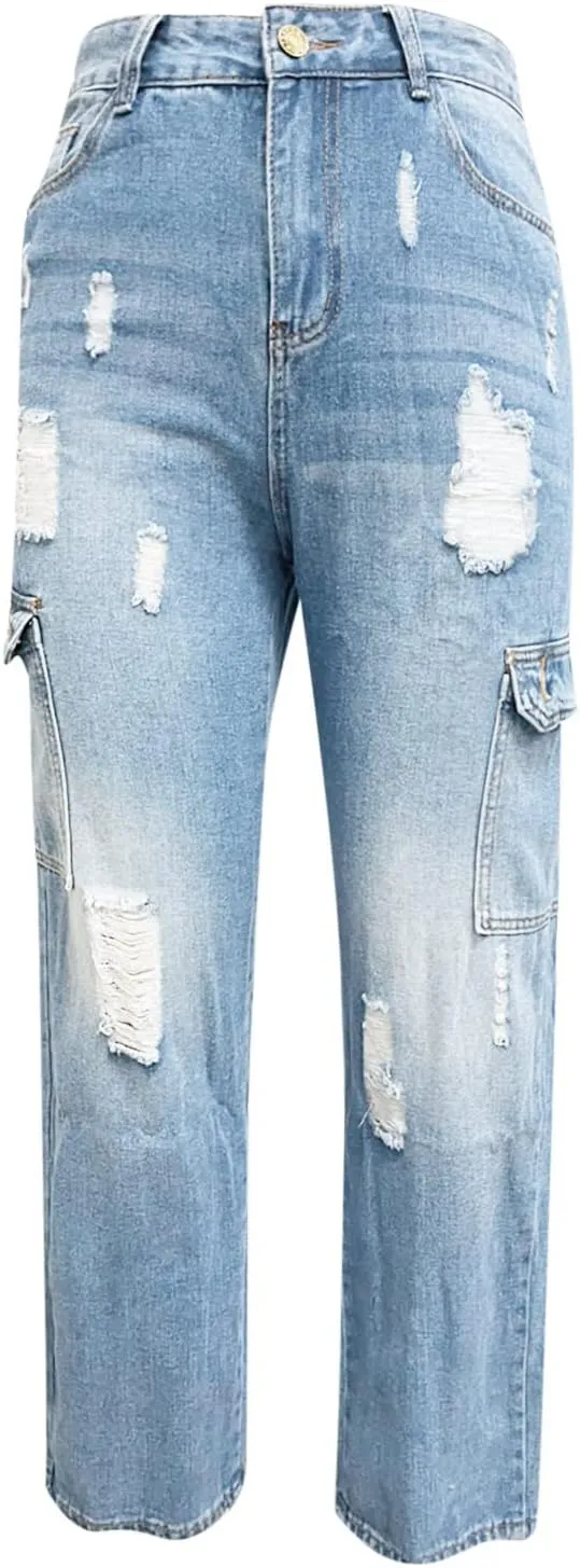 tuduoms Women's Ripped Boyfriend Jeans Cute Distressed Jeans Slim Fit Tapered Leg Jean Jeans Stretch Skinny Jeans with Hole