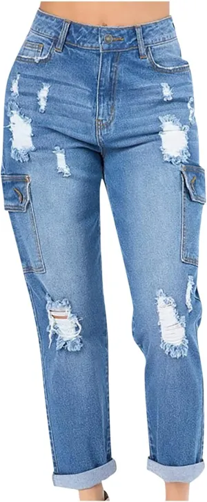 tuduoms Women's Ripped Boyfriend Jeans Cute Distressed Jeans Slim Fit Tapered Leg Jean Jeans Stretch Skinny Jeans with Hole
