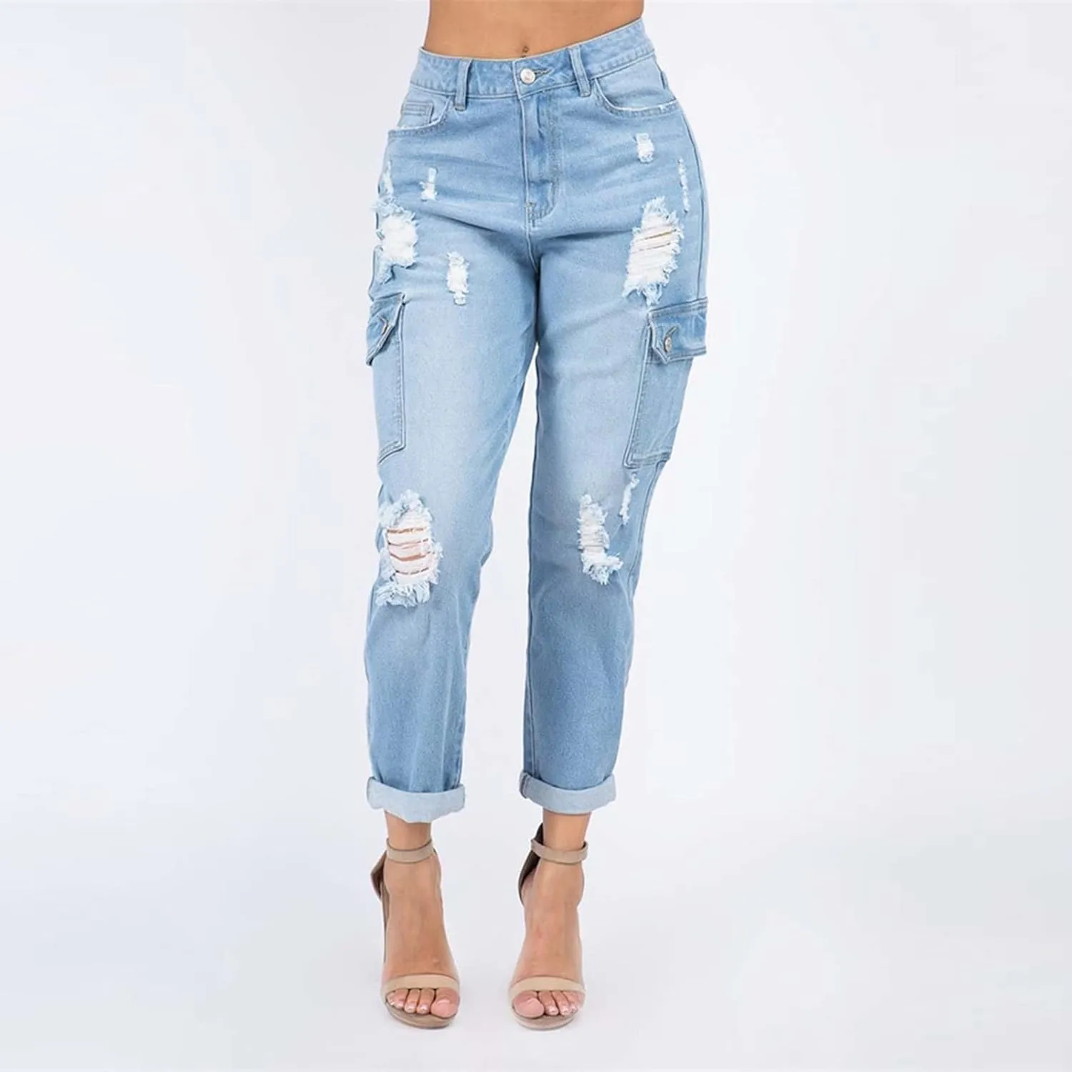 tuduoms Women's Ripped Boyfriend Jeans Cute Distressed Jeans Slim Fit Tapered Leg Jean Jeans Stretch Skinny Jeans with Hole