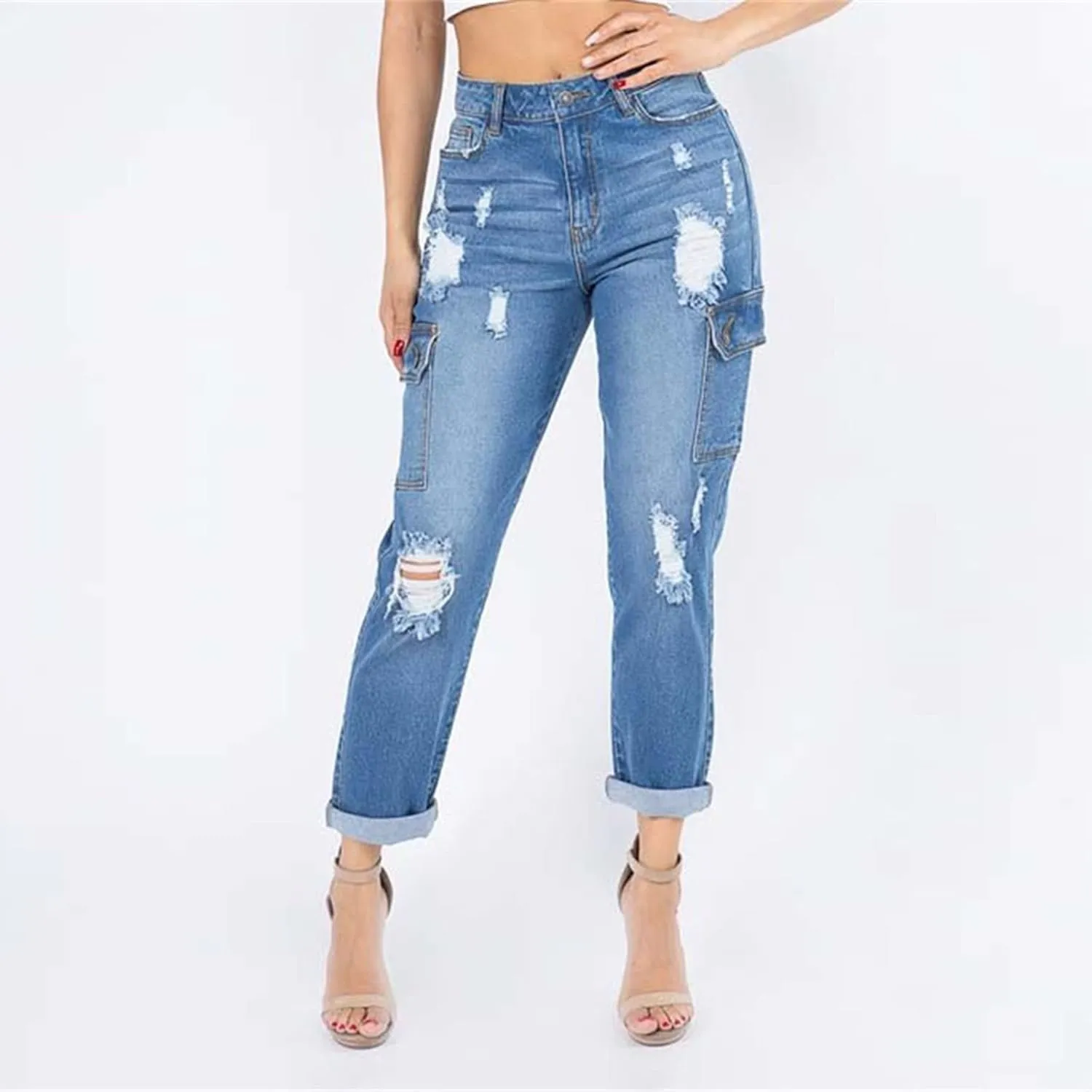 tuduoms Women's Ripped Boyfriend Jeans Cute Distressed Jeans Slim Fit Tapered Leg Jean Jeans Stretch Skinny Jeans with Hole