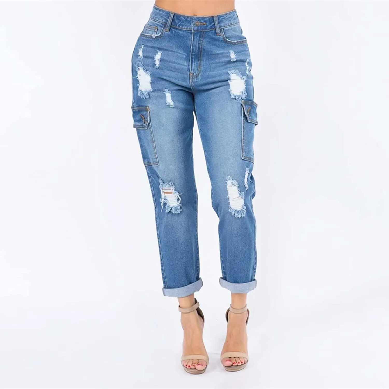 tuduoms Women's Ripped Boyfriend Jeans Cute Distressed Jeans Slim Fit Tapered Leg Jean Jeans Stretch Skinny Jeans with Hole