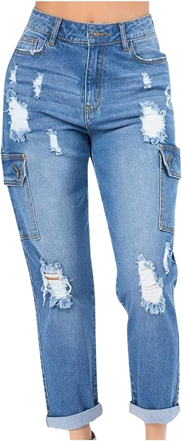 tuduoms Women's Ripped Boyfriend Jeans Cute Distressed Jeans Slim Fit Tapered Leg Jean Jeans Stretch Skinny Jeans with Hole