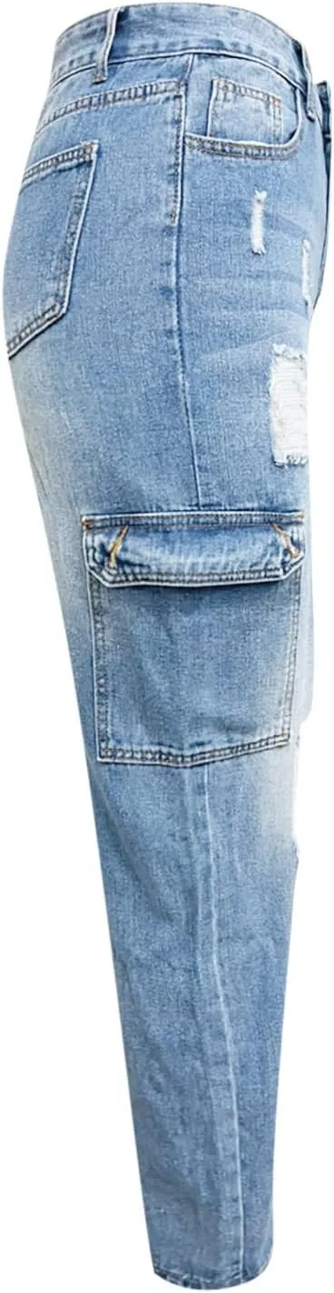 tuduoms Women's Ripped Boyfriend Jeans Cute Distressed Jeans Slim Fit Tapered Leg Jean Jeans Stretch Skinny Jeans with Hole