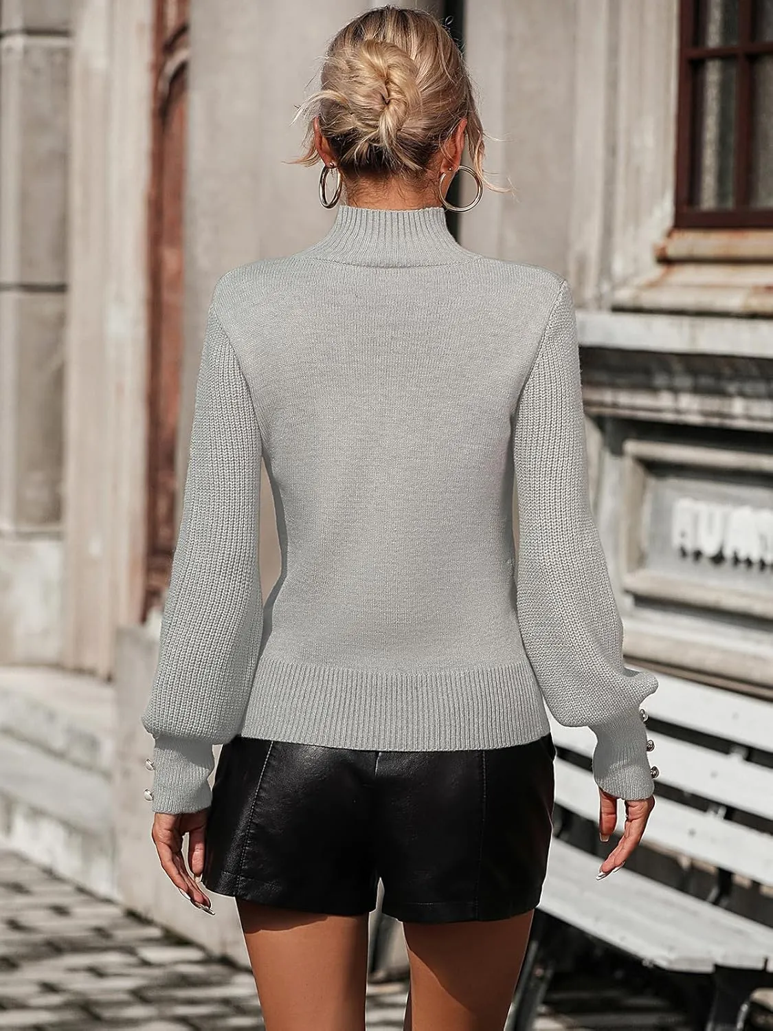 Upopby Women's Fall Winter Turtleneck Sweaters for Women Lantern Sleeve Knitted Pullover Sweater Jumper Tops