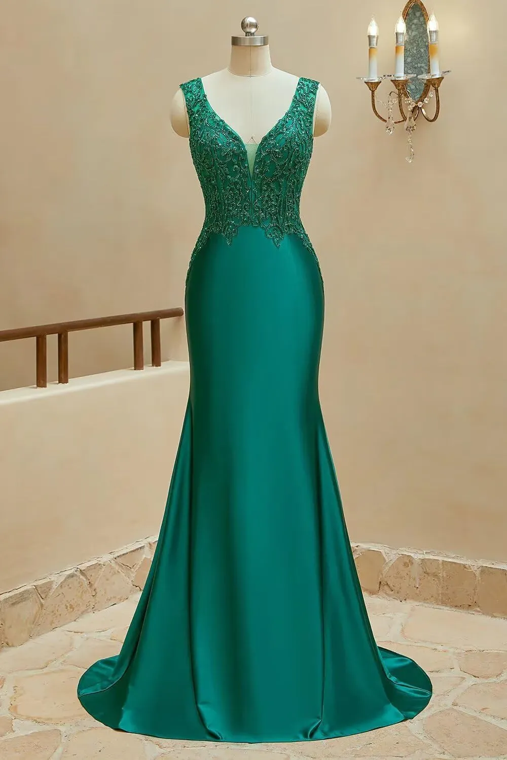 V Neck Satin Prom Dresses Long Lace Mermaid Formal Dress Beaded Bodycon Formal Evening Gowns for Party
