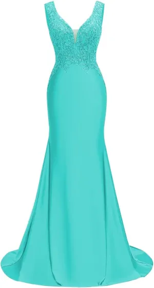V Neck Satin Prom Dresses Long Lace Mermaid Formal Dress Beaded Bodycon Formal Evening Gowns for Party