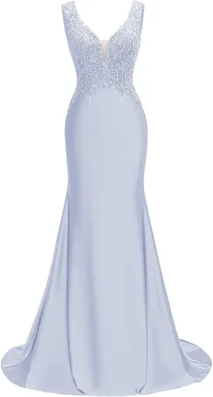 V Neck Satin Prom Dresses Long Lace Mermaid Formal Dress Beaded Bodycon Formal Evening Gowns for Party