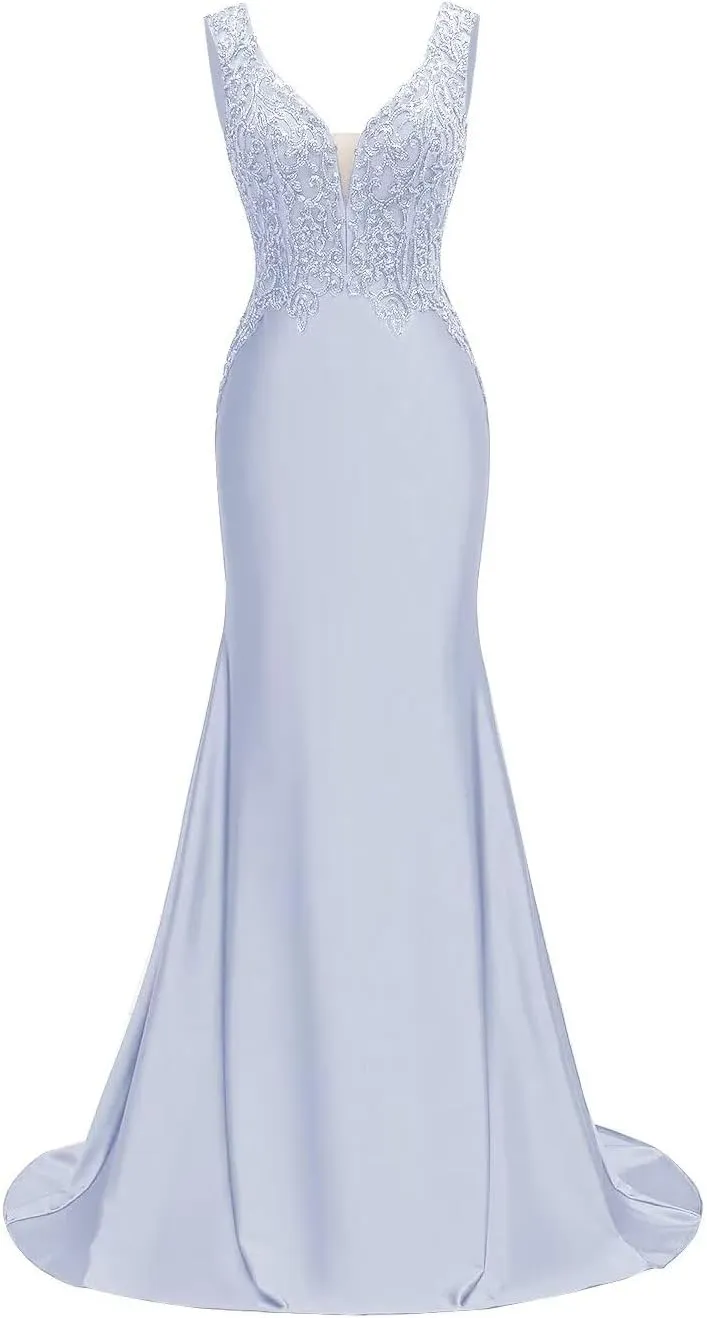 V Neck Satin Prom Dresses Long Lace Mermaid Formal Dress Beaded Bodycon Formal Evening Gowns for Party