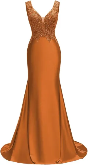 V Neck Satin Prom Dresses Long Lace Mermaid Formal Dress Beaded Bodycon Formal Evening Gowns for Party