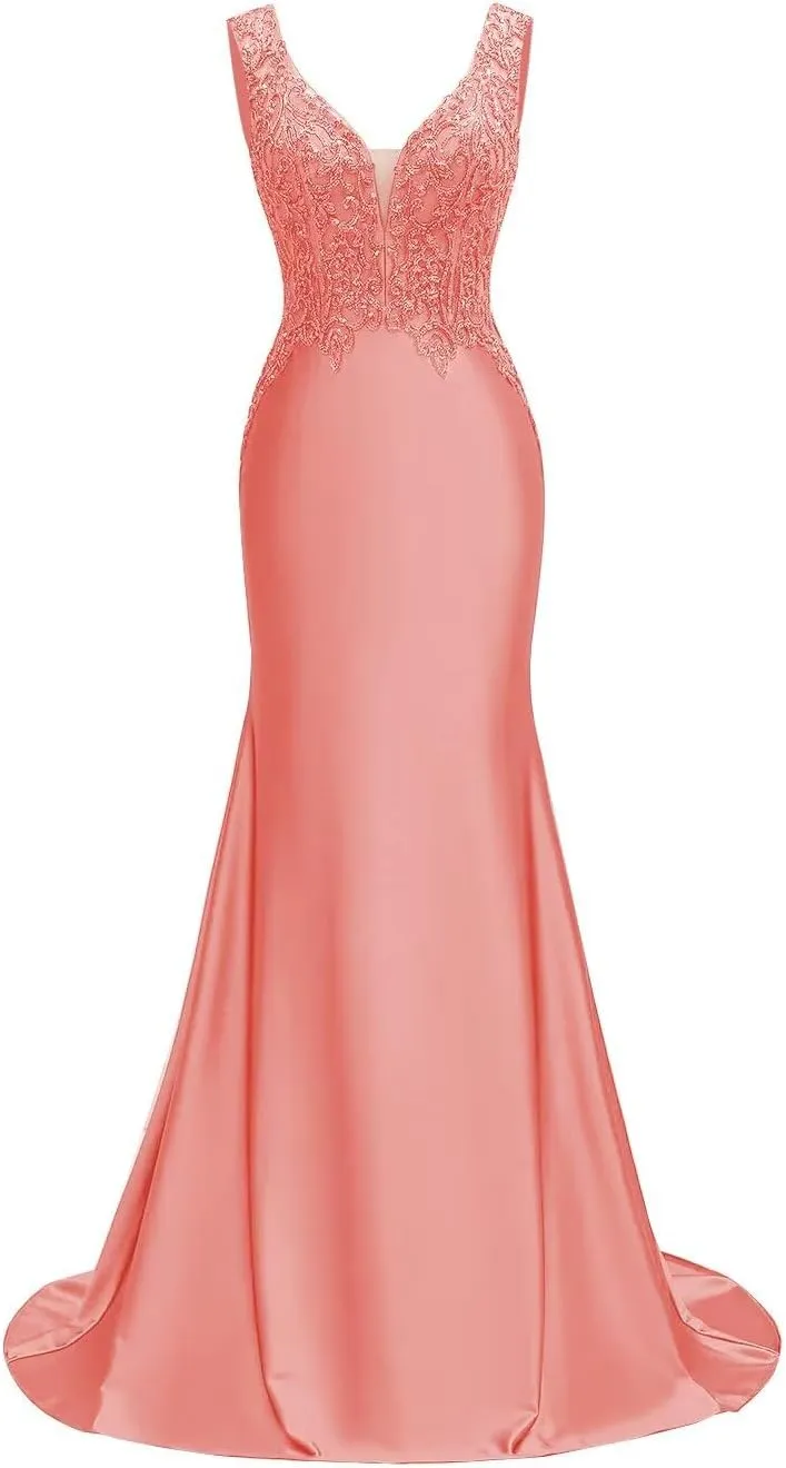 V Neck Satin Prom Dresses Long Lace Mermaid Formal Dress Beaded Bodycon Formal Evening Gowns for Party