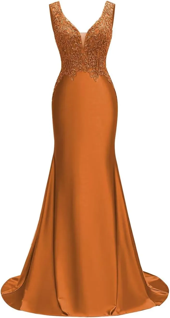 V Neck Satin Prom Dresses Long Lace Mermaid Formal Dress Beaded Bodycon Formal Evening Gowns for Party