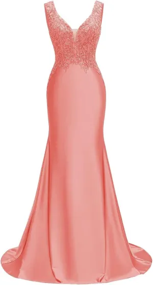 V Neck Satin Prom Dresses Long Lace Mermaid Formal Dress Beaded Bodycon Formal Evening Gowns for Party