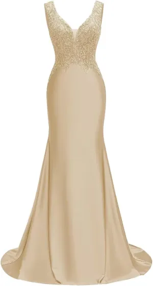 V Neck Satin Prom Dresses Long Lace Mermaid Formal Dress Beaded Bodycon Formal Evening Gowns for Party