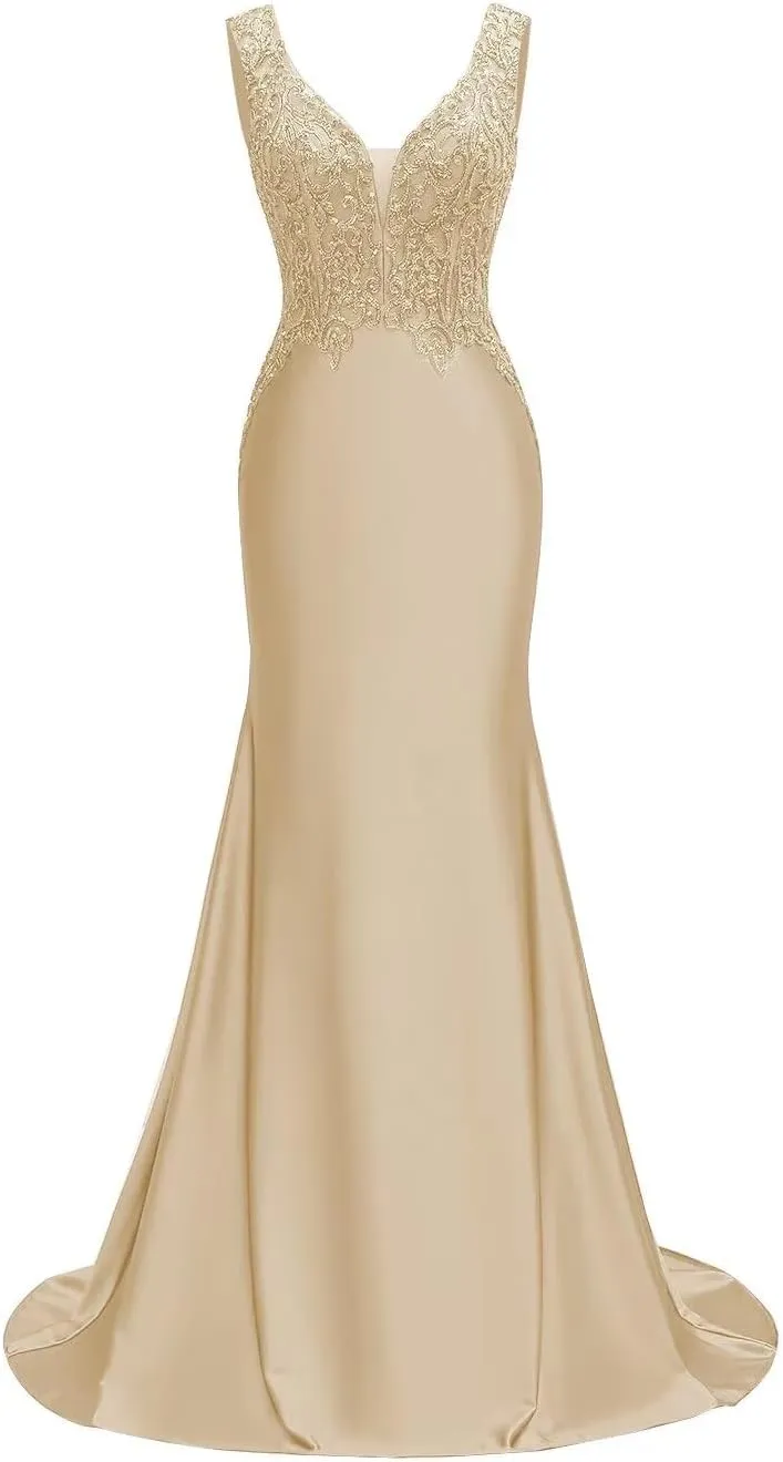 V Neck Satin Prom Dresses Long Lace Mermaid Formal Dress Beaded Bodycon Formal Evening Gowns for Party