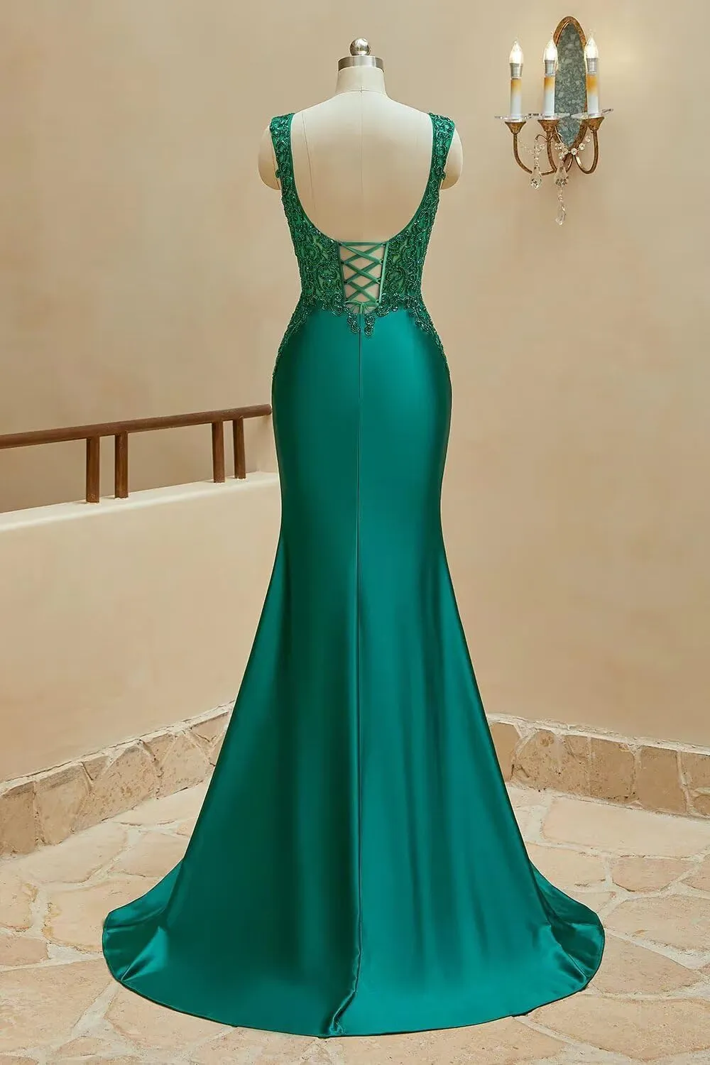 V Neck Satin Prom Dresses Long Lace Mermaid Formal Dress Beaded Bodycon Formal Evening Gowns for Party