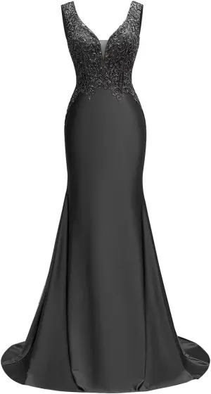 V Neck Satin Prom Dresses Long Lace Mermaid Formal Dress Beaded Bodycon Formal Evening Gowns for Party