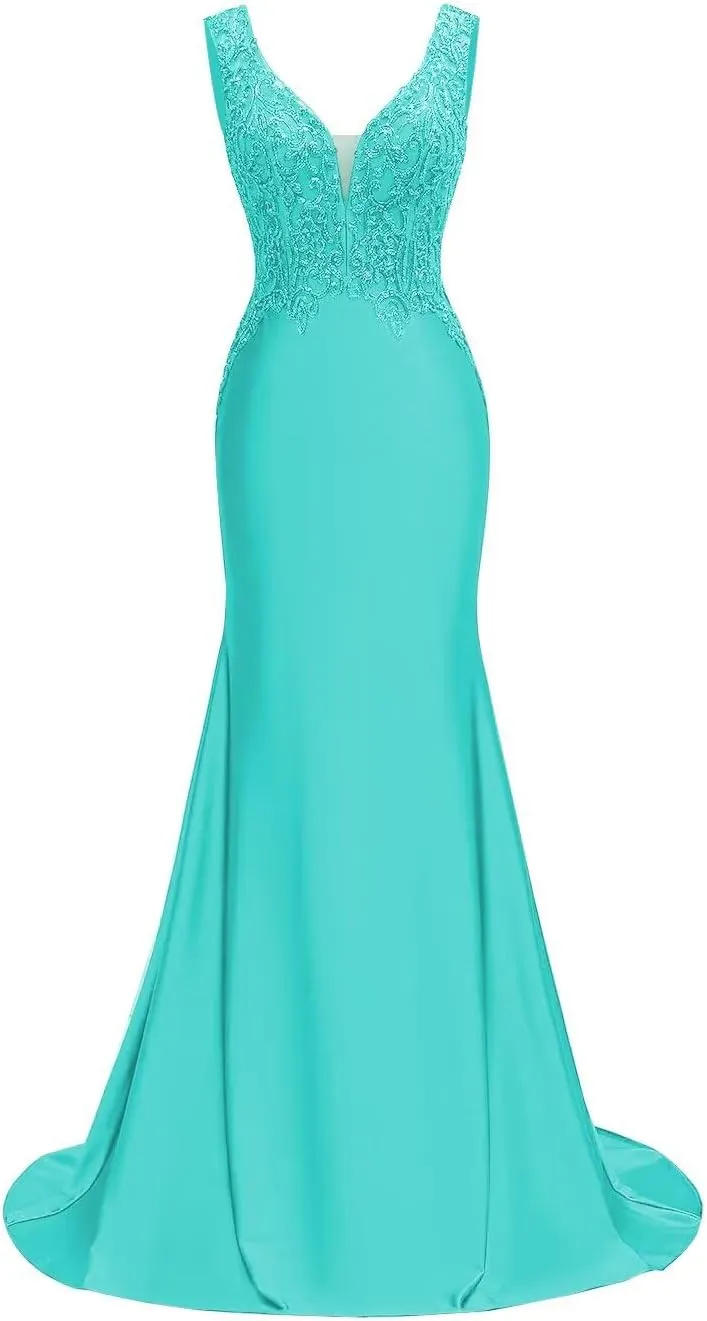 V Neck Satin Prom Dresses Long Lace Mermaid Formal Dress Beaded Bodycon Formal Evening Gowns for Party