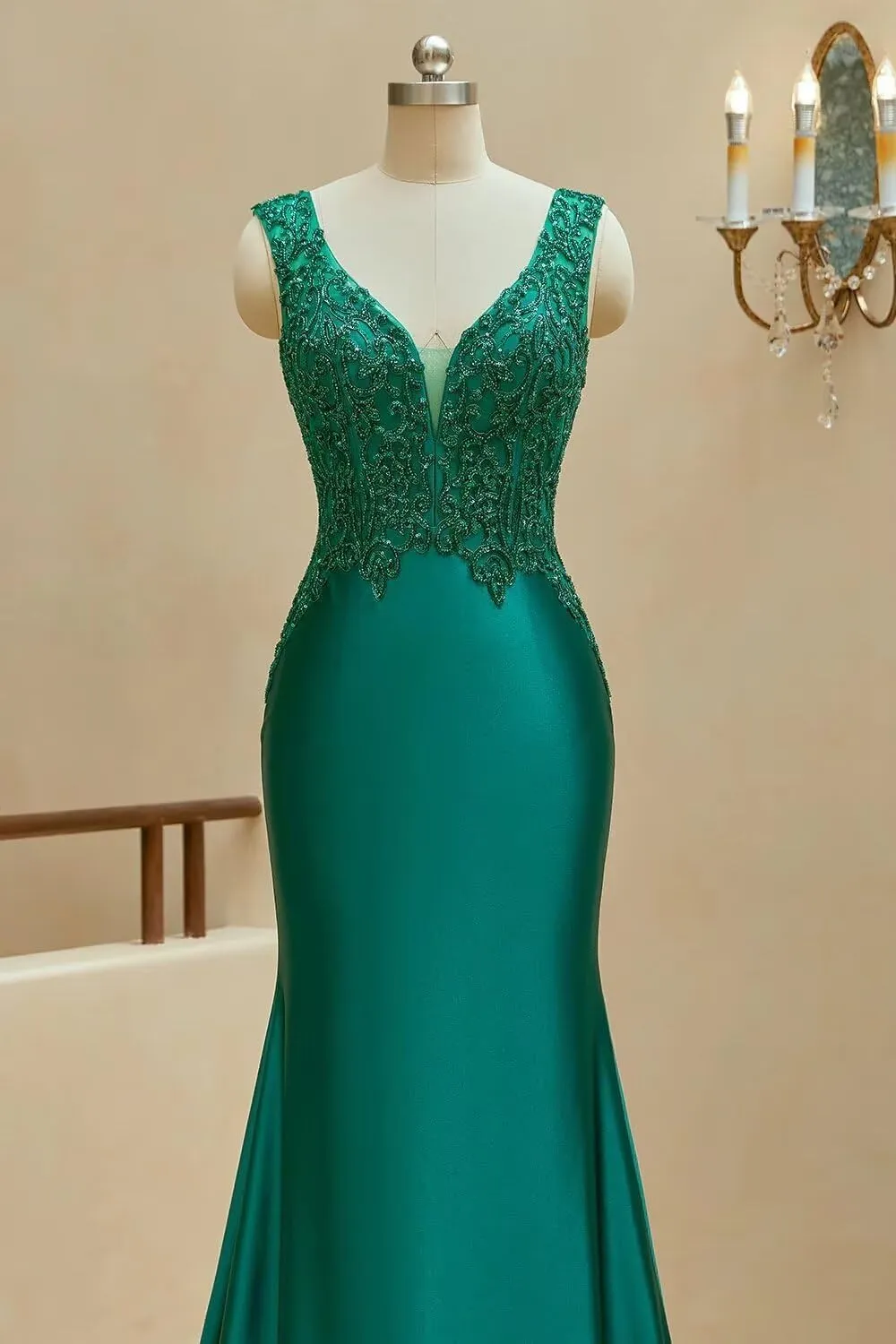 V Neck Satin Prom Dresses Long Lace Mermaid Formal Dress Beaded Bodycon Formal Evening Gowns for Party