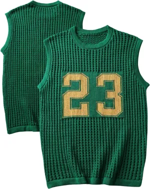 Verdusa Men's Jersey Shirt Crochet Sweater Vest Graphic Letter Graphic Tank Shirts Lightweight Pullover Knit Tops
