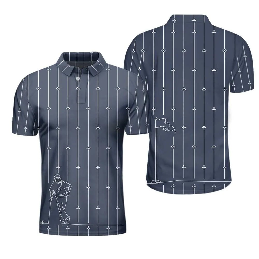 Vertical Stripe Golf Club Polo Shirt, Black And White One Line Drawing Golfer Polo Shirt, Unique Golf Shirt For Men Coolspod