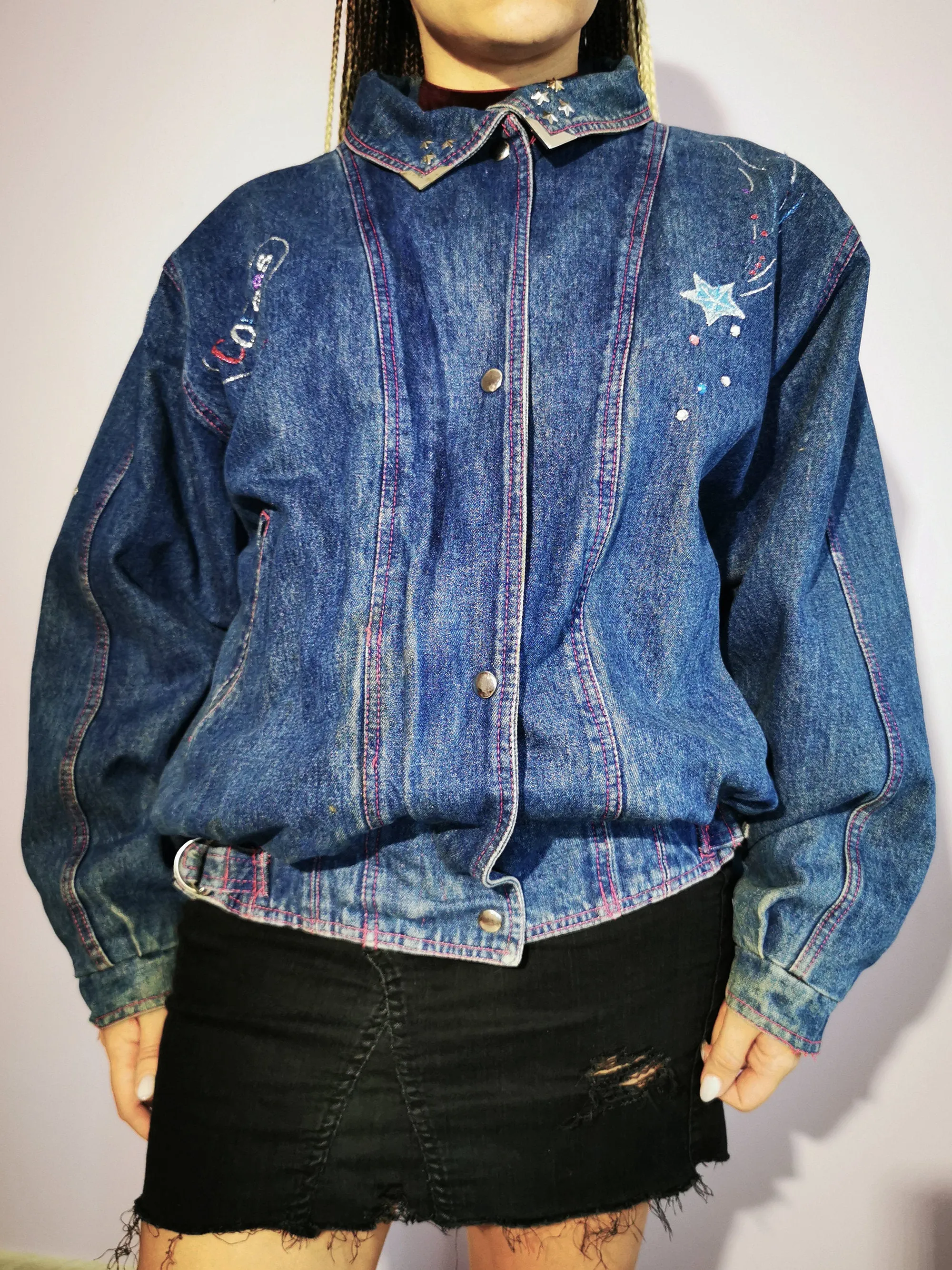 Vintage 80s oversized puffer dark denim zip bomber jacket