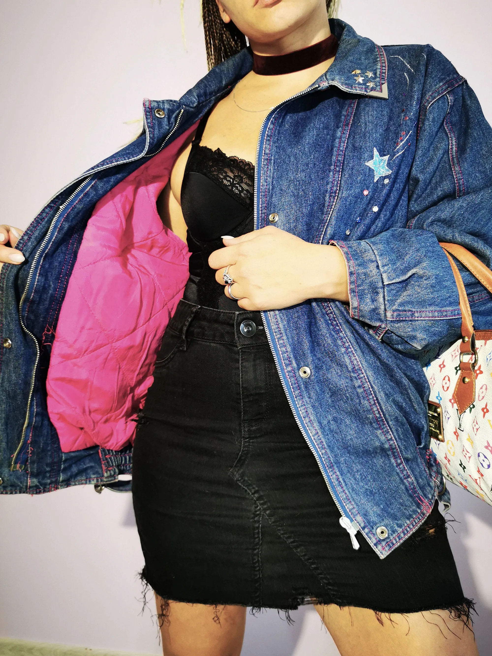 Vintage 80s oversized puffer dark denim zip bomber jacket