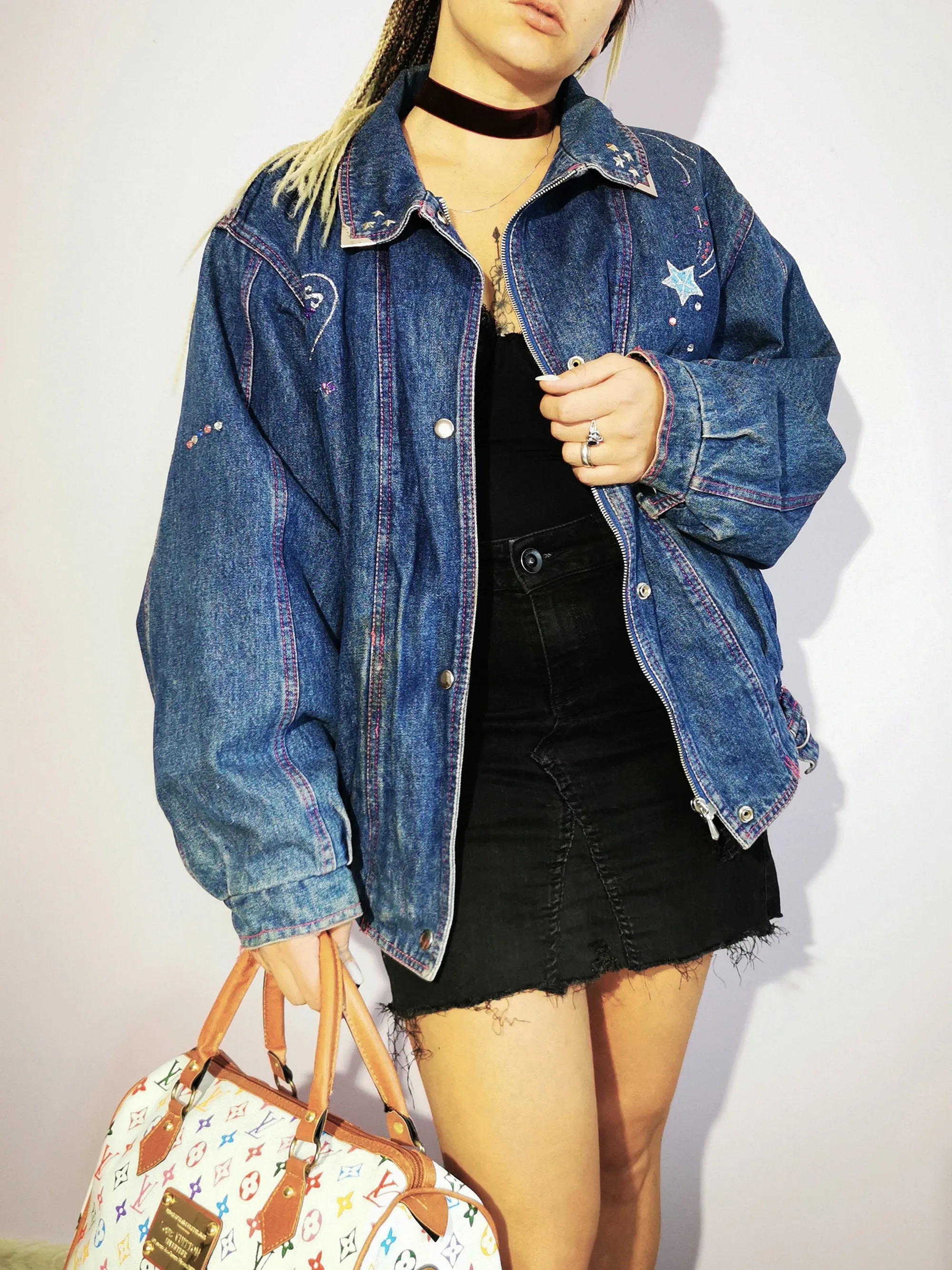 Vintage 80s oversized puffer dark denim zip bomber jacket