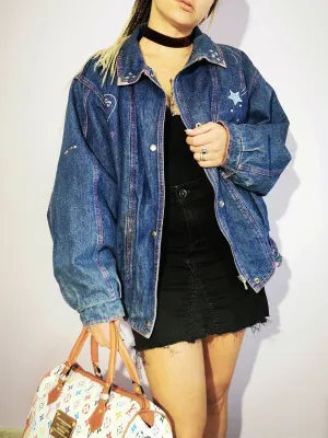 Vintage 80s oversized puffer dark denim zip bomber jacket