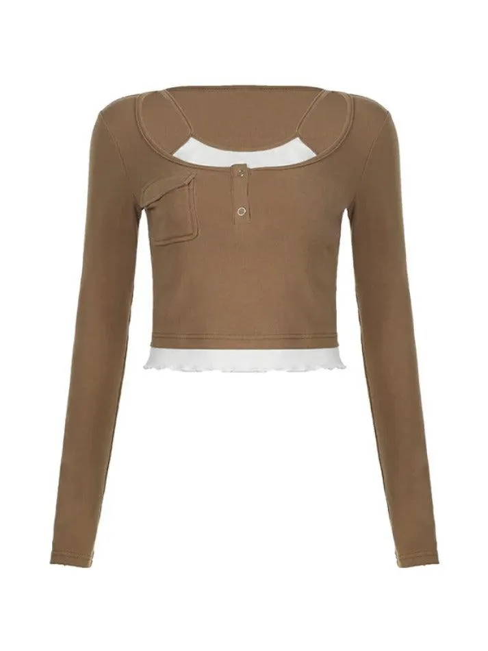 Vintage Contrast Fake Two Piece Cropped Long Sleeve Tee