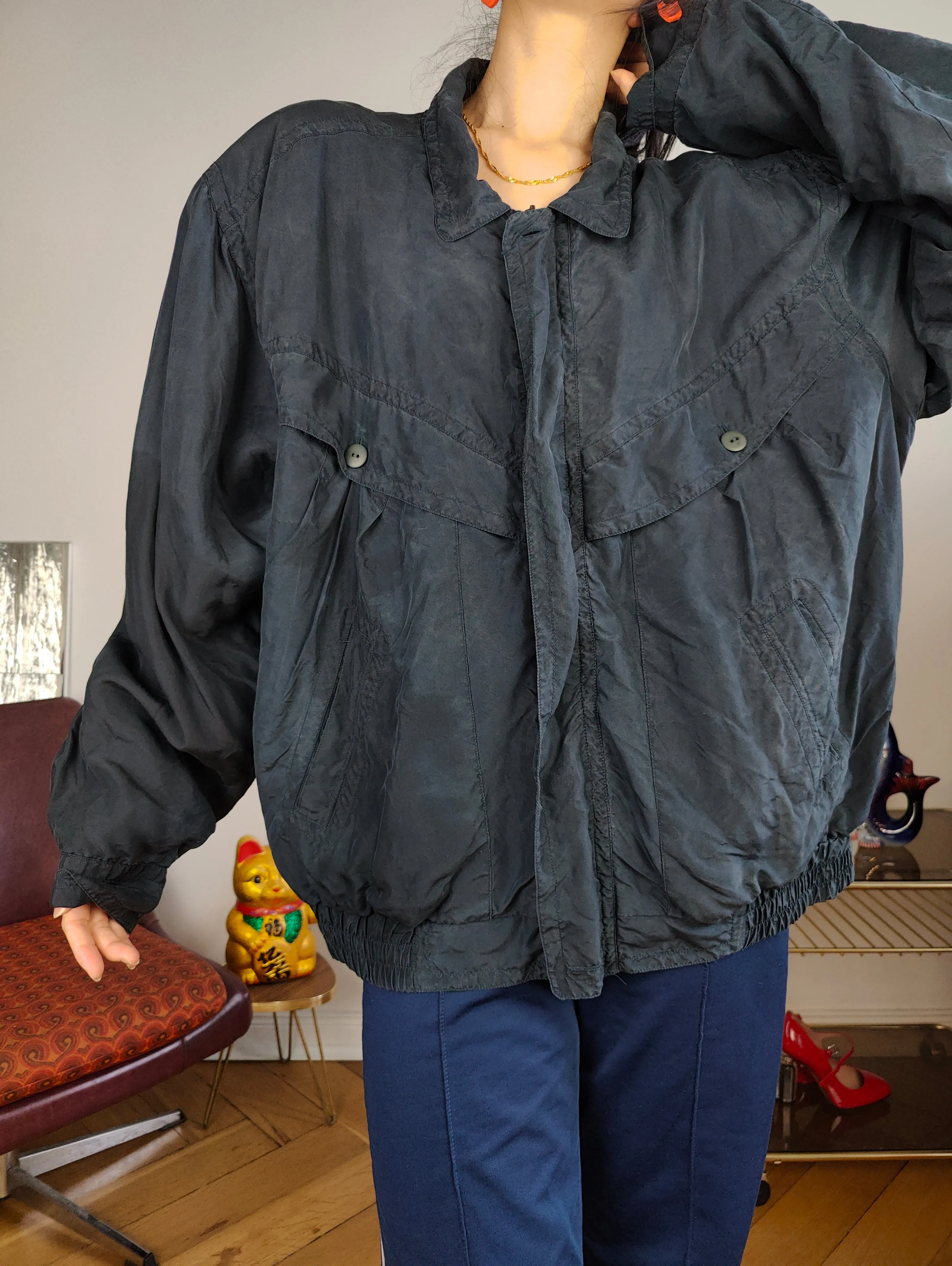 Vintage silk bomber jacket blouson blue light spring summer women unisex men L-XL