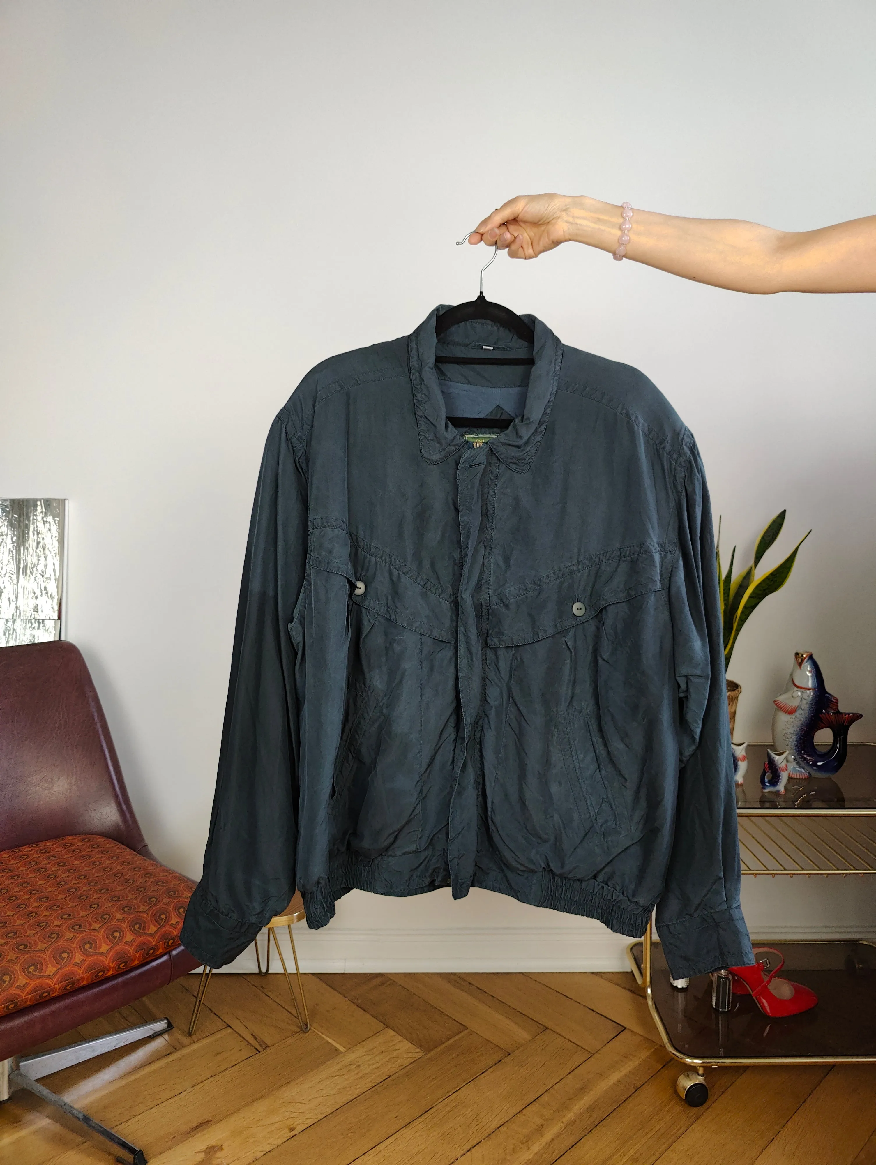 Vintage silk bomber jacket blouson blue light spring summer women unisex men L-XL