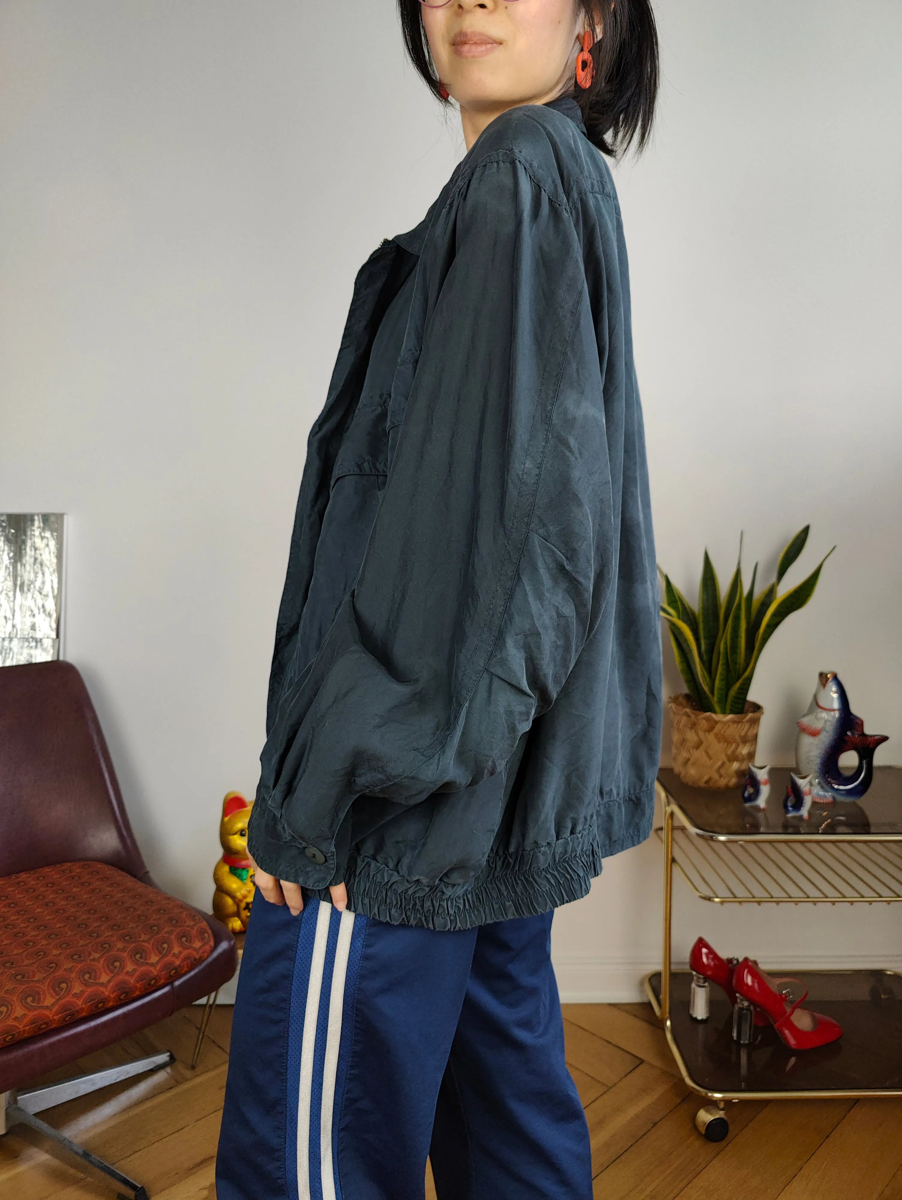 Vintage silk bomber jacket blouson blue light spring summer women unisex men L-XL