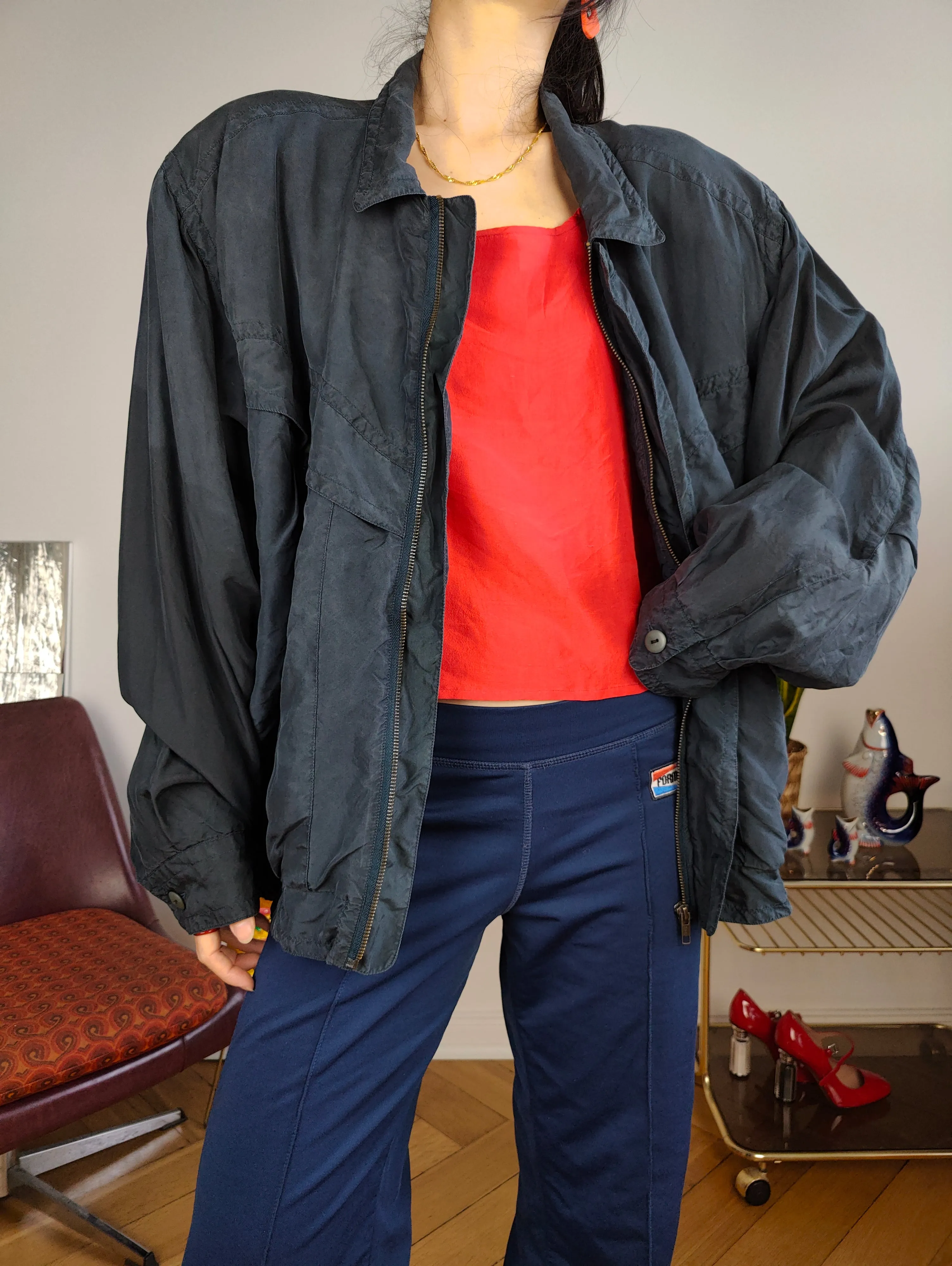 Vintage silk bomber jacket blouson blue light spring summer women unisex men L-XL