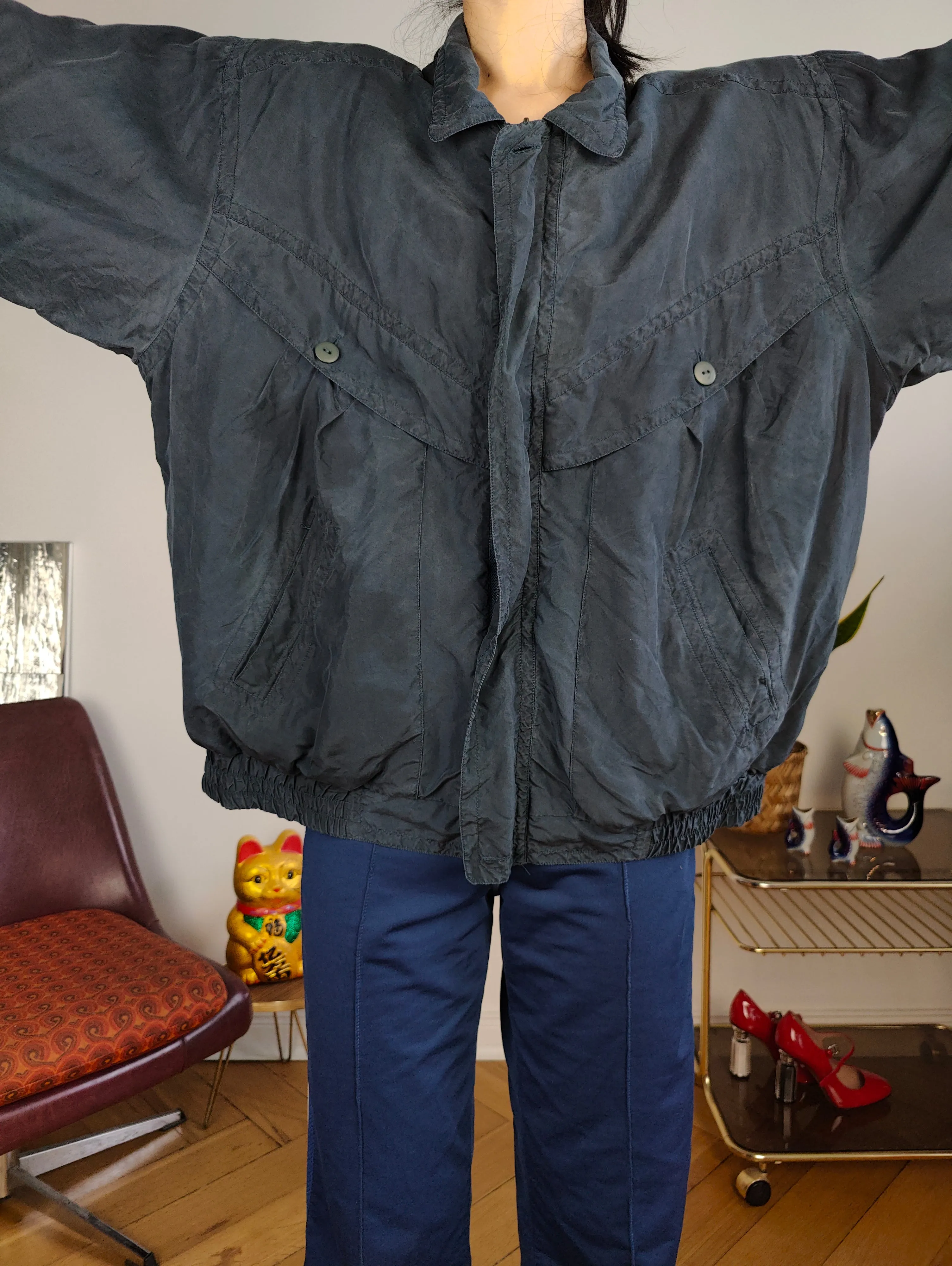 Vintage silk bomber jacket blouson blue light spring summer women unisex men L-XL