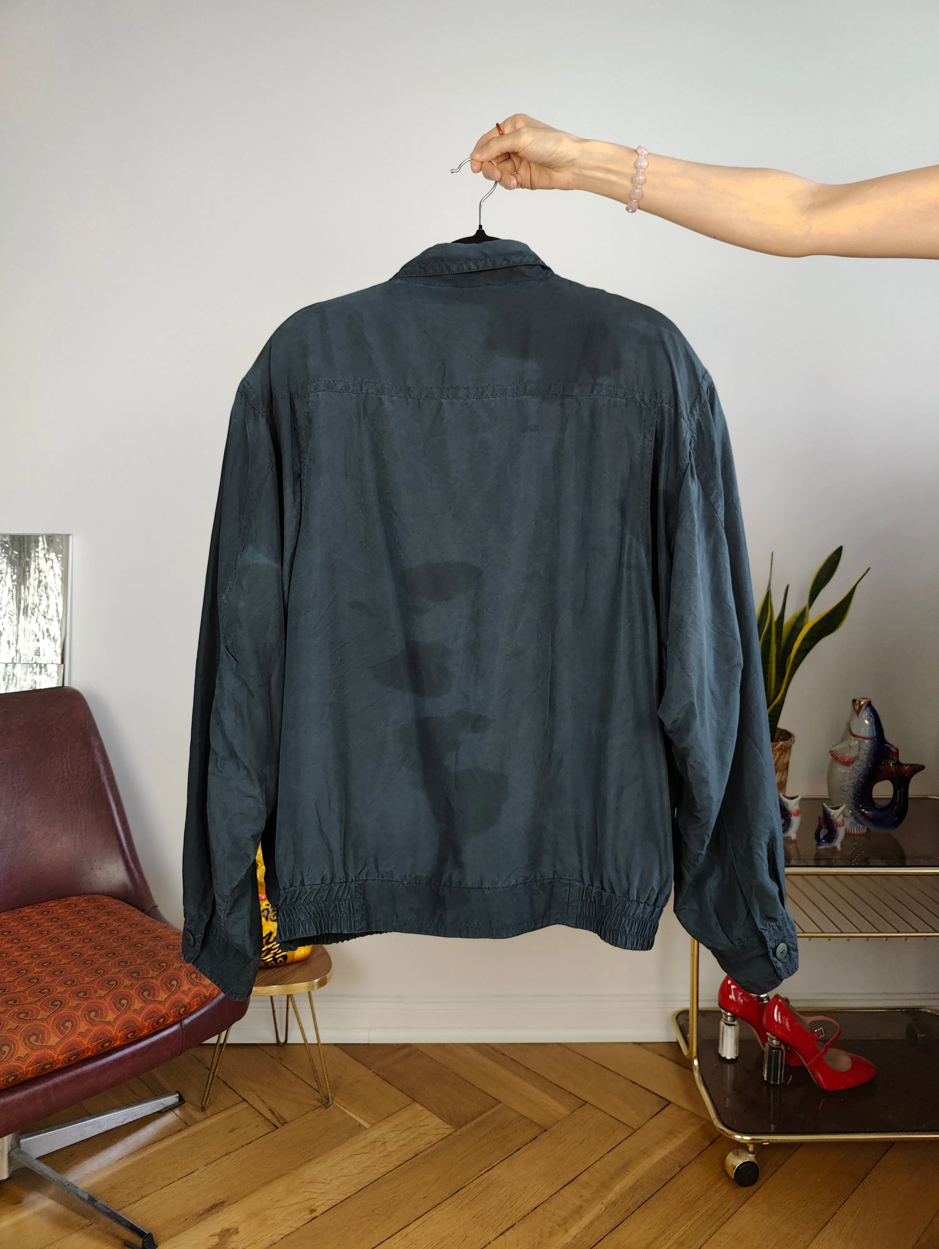 Vintage silk bomber jacket blouson blue light spring summer women unisex men L-XL