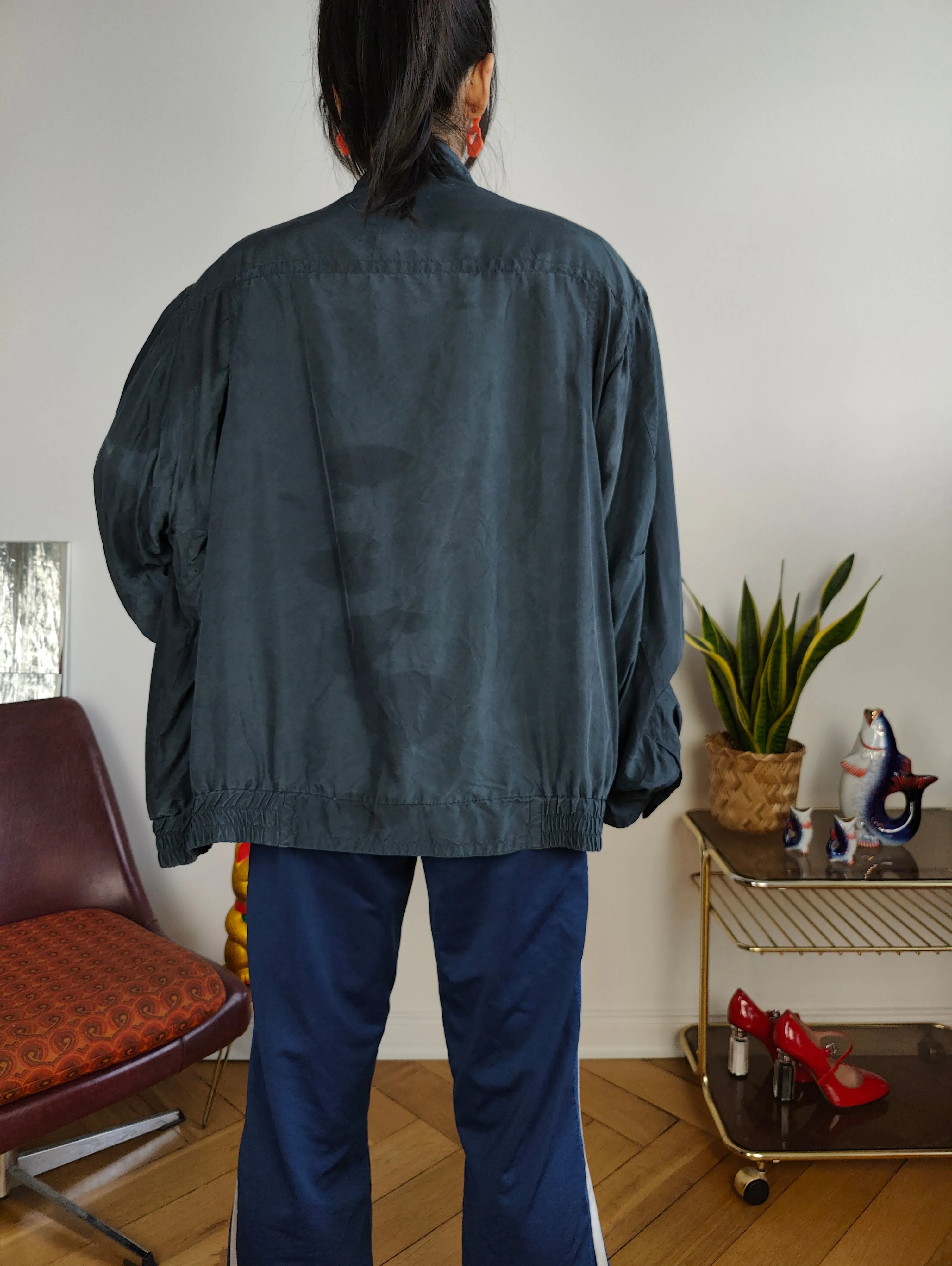 Vintage silk bomber jacket blouson blue light spring summer women unisex men L-XL