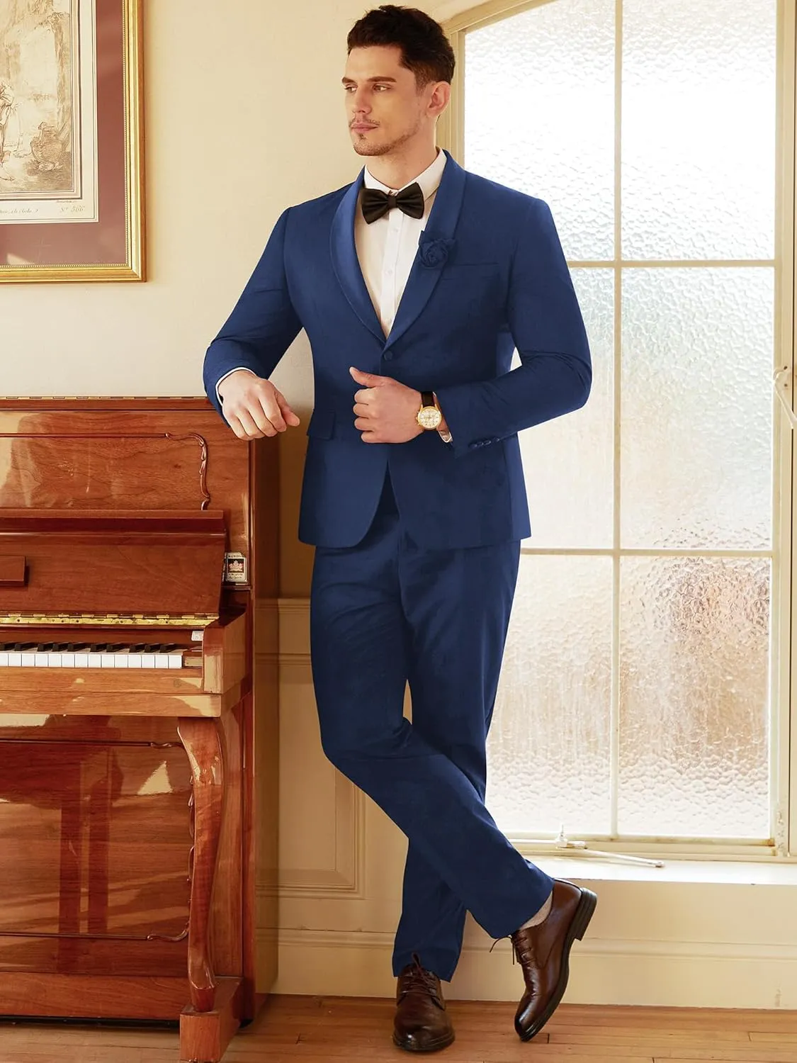 WEEN CHARM Men's 2 Piece Suit Two Button Blazer Jacket Pants Set Slim Fit Formal Wedding Business Suit Elegant Tuxedo Suit