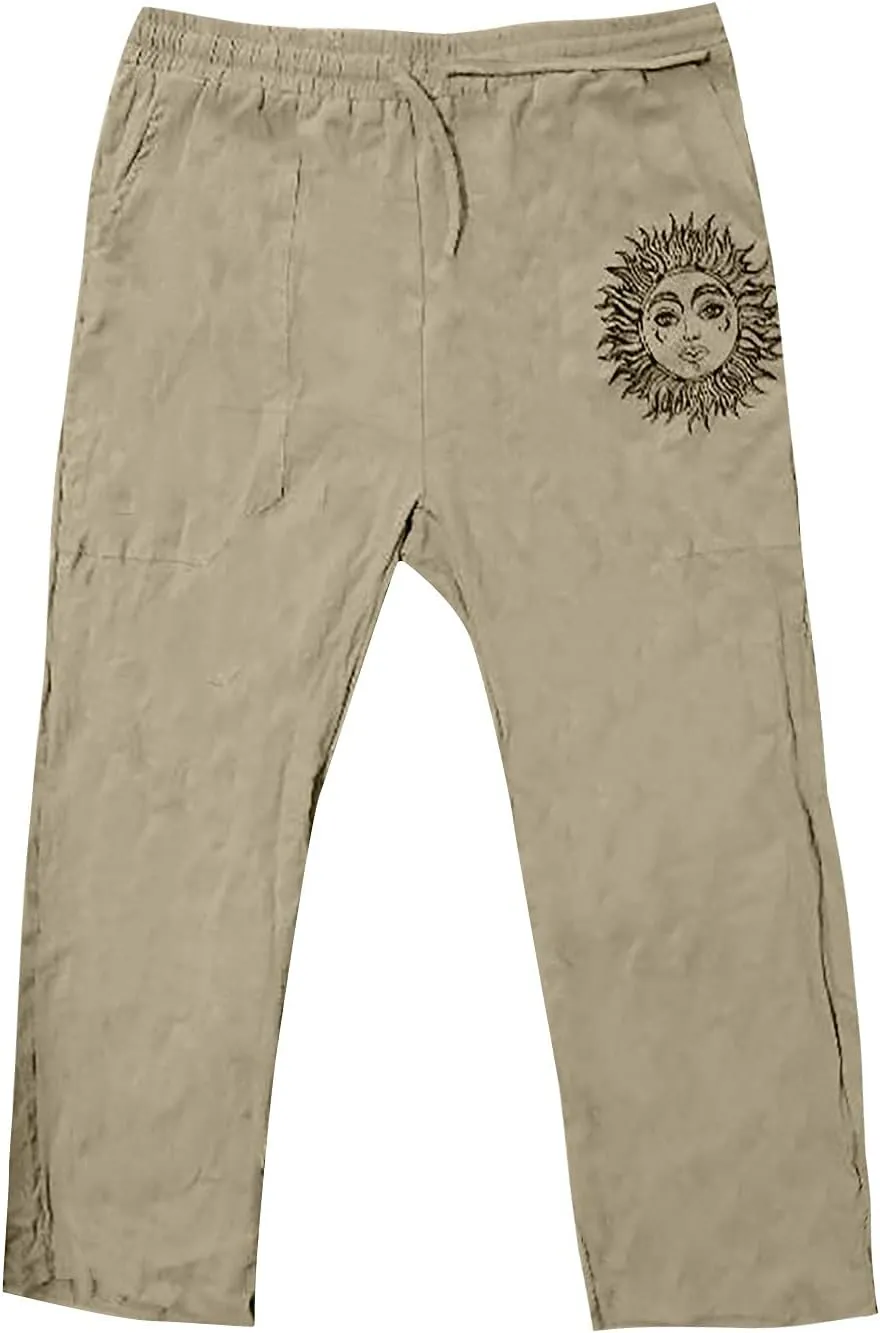 WENKOMG1 Mens Cotton Linen Pants,Wide Leg Drawstring Closure Pull On Trousers Loose Fit Baggy Lounge Wide Leg Bottoms