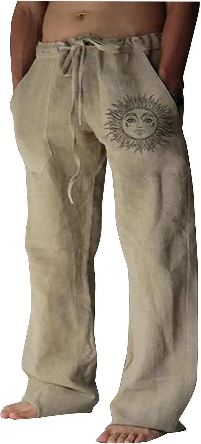WENKOMG1 Mens Cotton Linen Pants,Wide Leg Drawstring Closure Pull On Trousers Loose Fit Baggy Lounge Wide Leg Bottoms