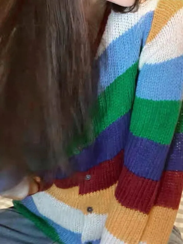 Wenkouban-Spring Casual Outfits Y2K Outfits Contrast Color Rainbow Stripe Cardigan